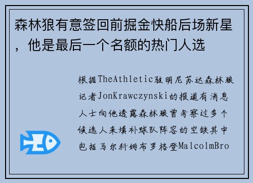 森林狼有意签回前掘金快船后场新星，他是最后一个名额的热门人选